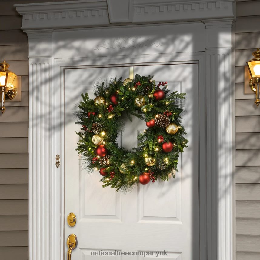 Greenery | National Tree Company Pre-Lit Artificial Christmas Wreath Decorated Rural Homestead with Warm White LED Lights Battery Powered 28 in F2L4F259